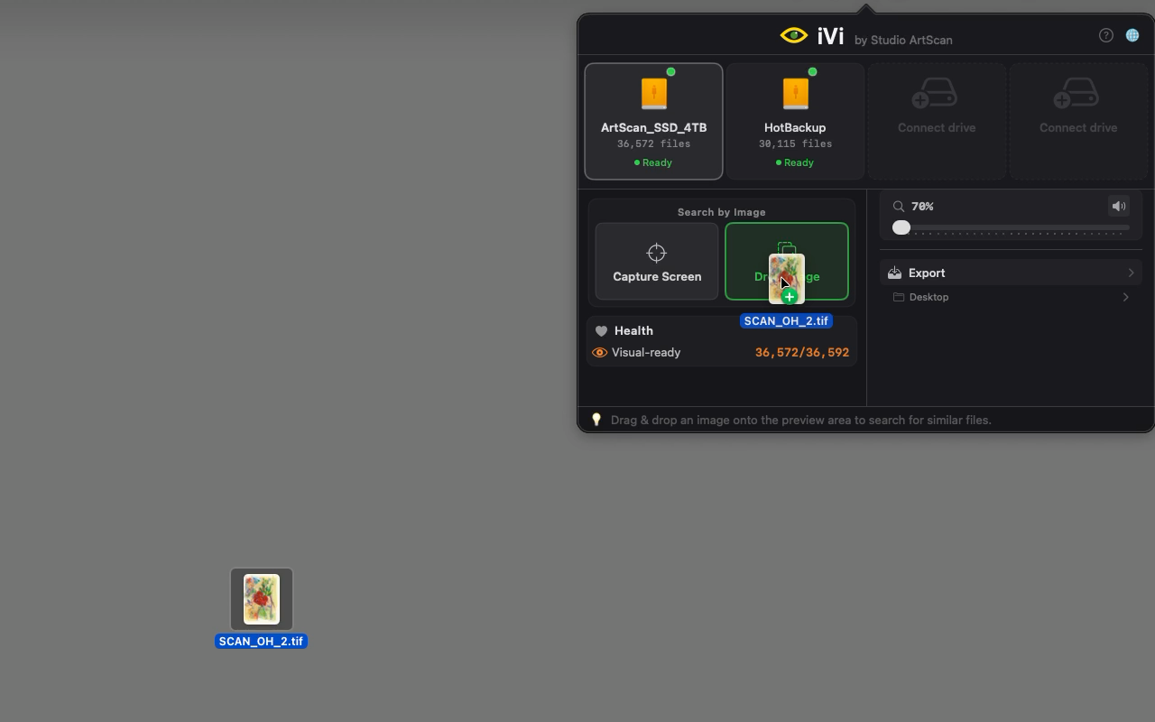 Dragging an image file from the desktop onto iVi's Drop Image zone, highlighted in green with a plus cursor